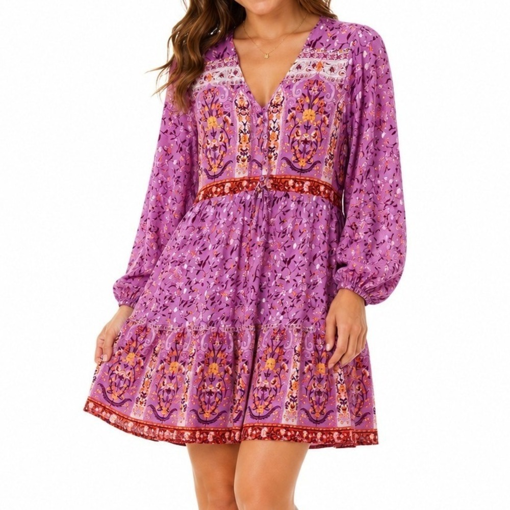 R. Vivimos Pink Floral Balloon Sleeve Boho Tiered Ruffle Mini Dress Size Large
